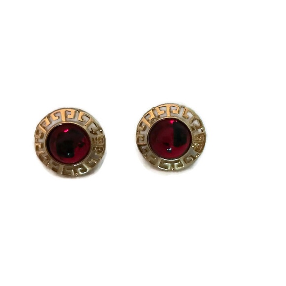 Gold Tone and Red Cabochons  Clip Earrings - Picture 2 of 4